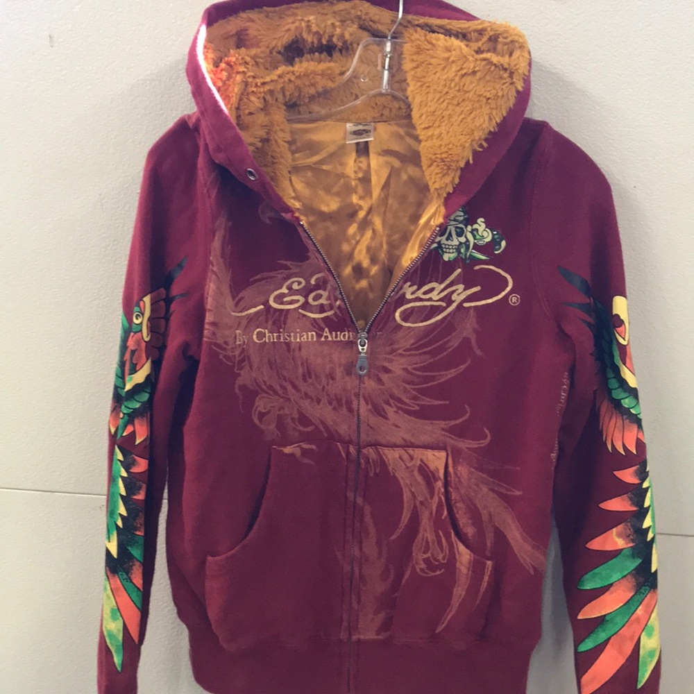 Women’s Ed hardy hoodie all over print with fur M